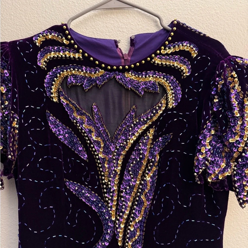 Vintage Velvet Purple and Gold Sequin Dress - Picture 2 of 4